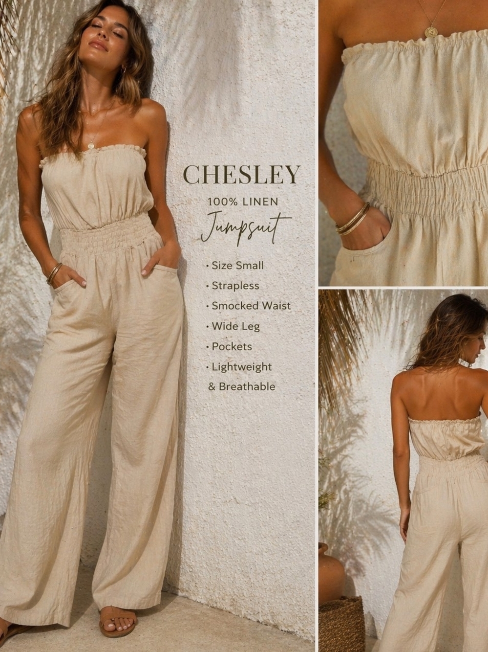Chesley Linen Jumpsuit Small Strapless Wide Leg Boho Beige Pockets